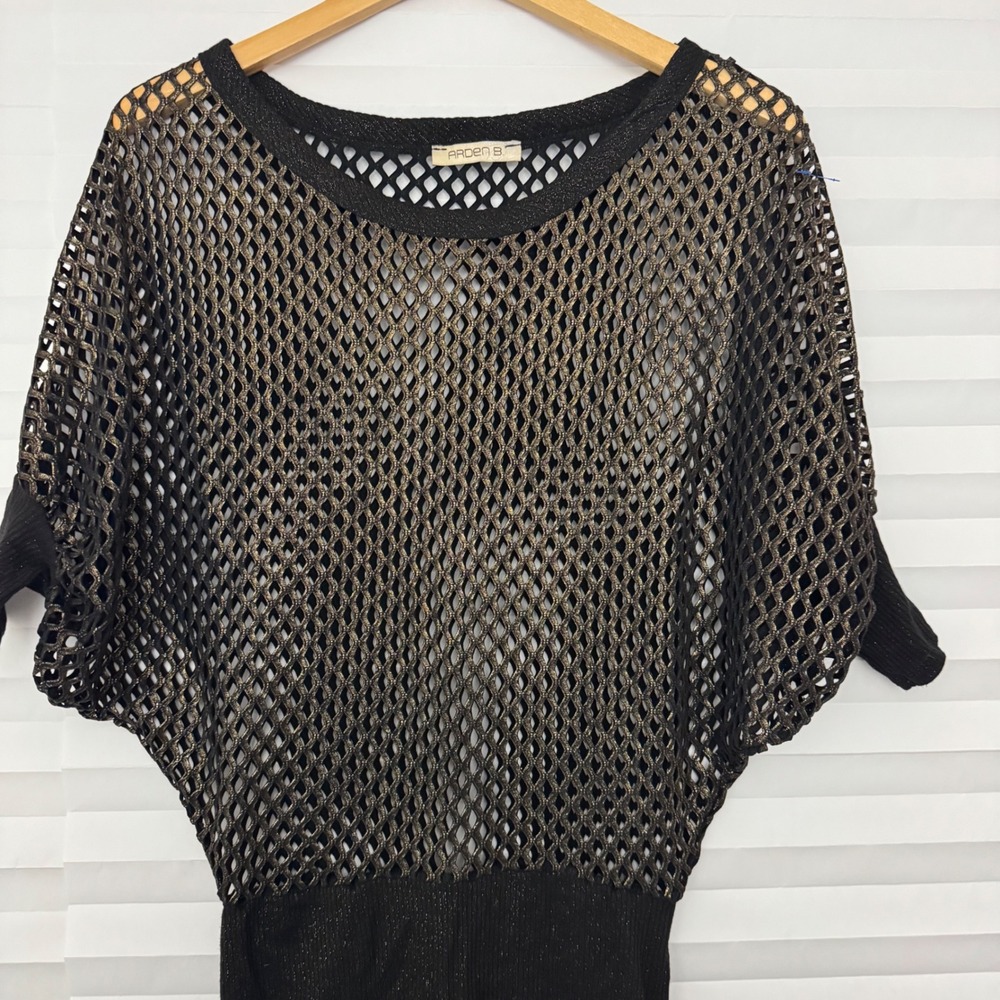 Arden B Y2K 90s Black Gold Metallic Mesh Batwing Dolman Knit Top Tunic S Fishnet